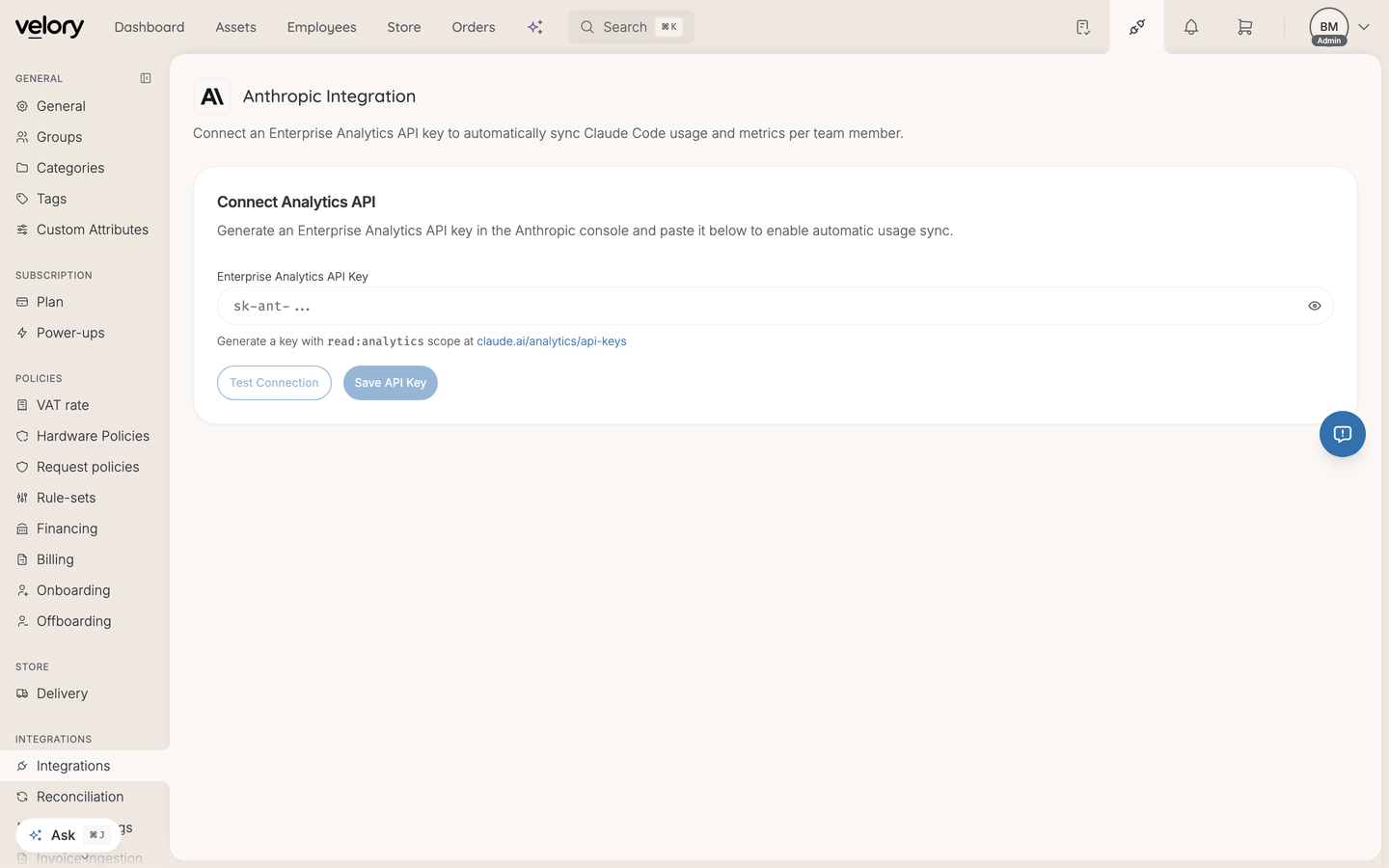 The Anthropic integration page showing the Enterprise Analytics API Key field, with Test Connection and Save API Key buttons