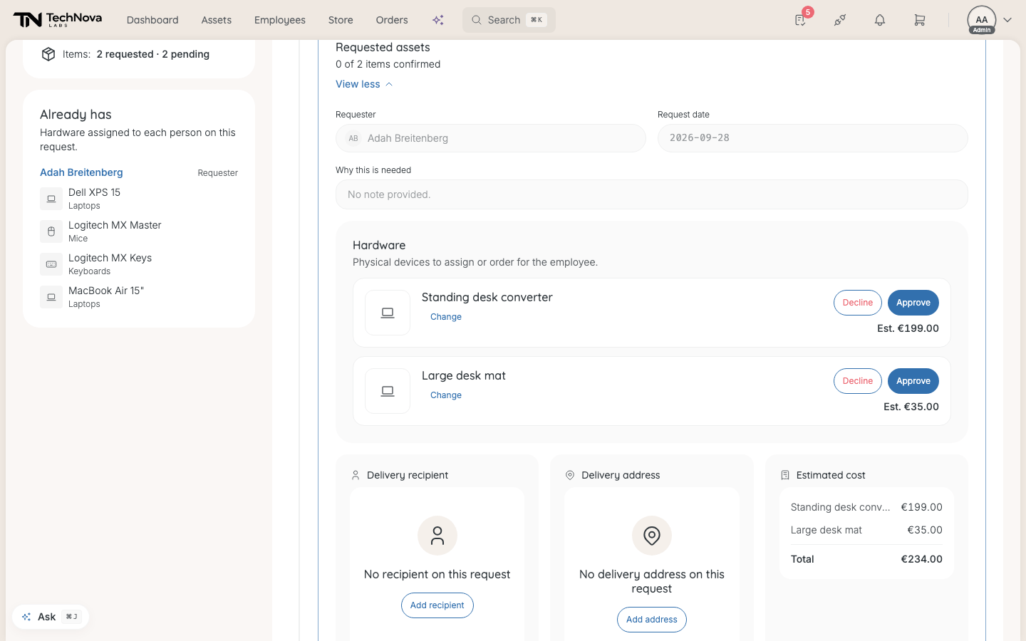 A request awaiting approval, with Approve and Decline on each item.