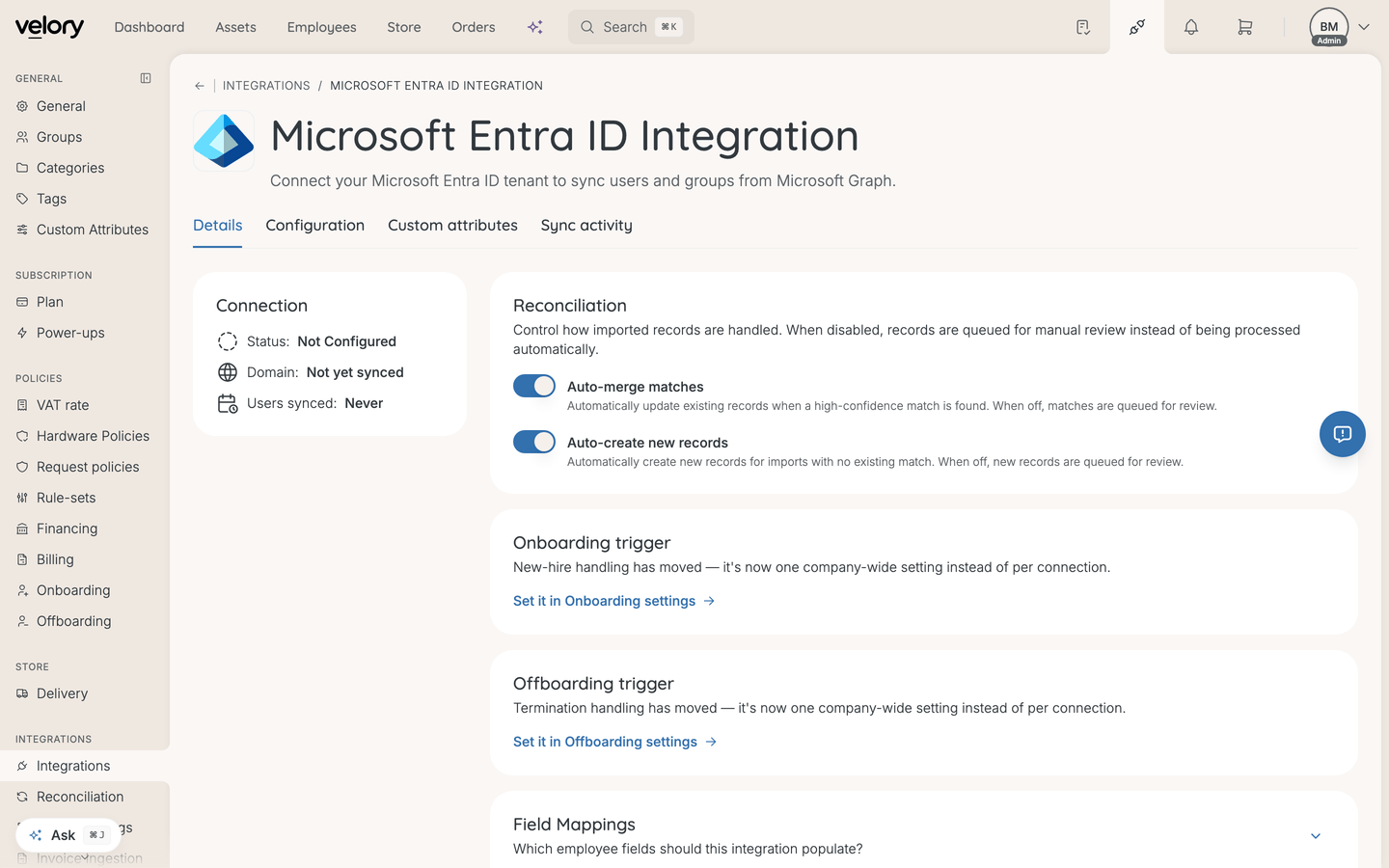 The Microsoft Entra ID integration page in Velory, showing connection status, reconciliation settings and field mappings