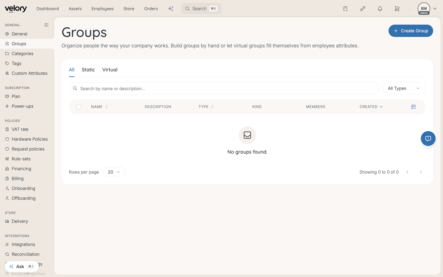The Groups page in Velory, listing the groups available on employee records