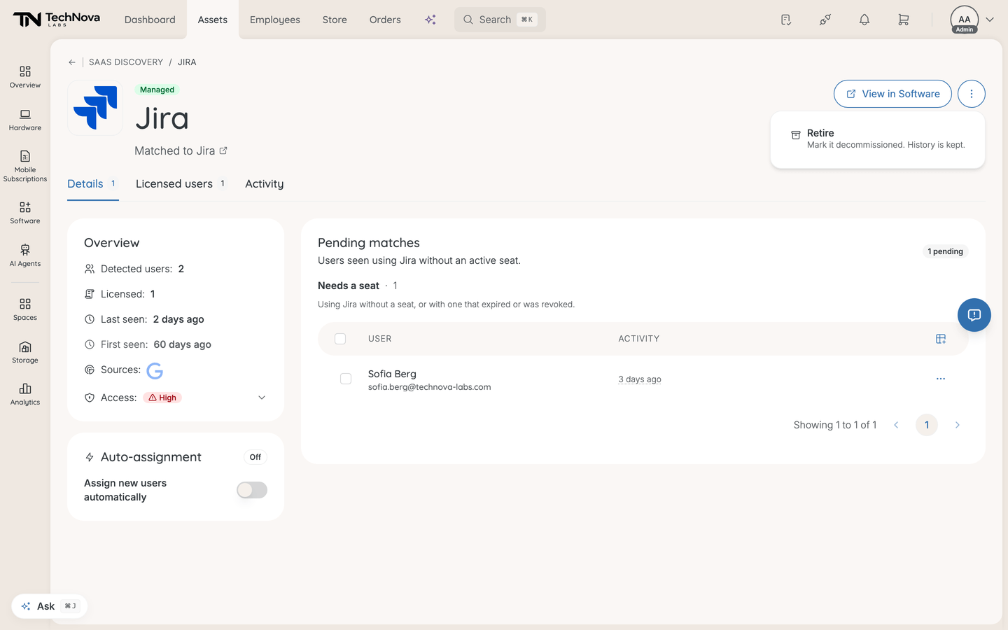 A managed discovered service with its actions menu open, offering only Retire