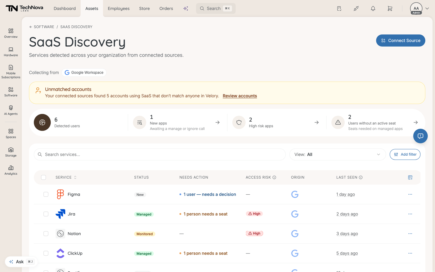 The SaaS Discovery inbox listing detected services with their status, needed action and access risk