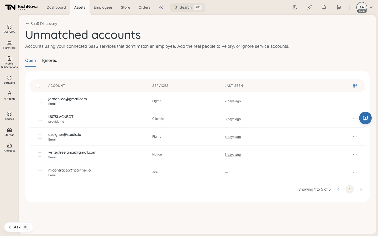The unmatched accounts list showing accounts, the services they use and when they were last seen