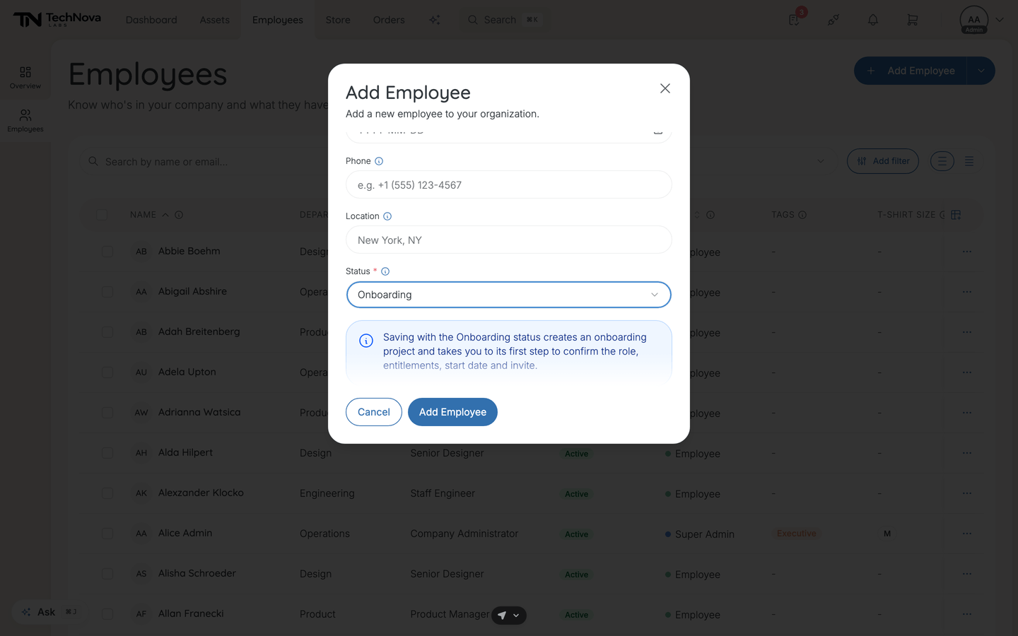 The Add Employee dialog with the Status field set to Onboarding, showing the note about the onboarding project it creates.