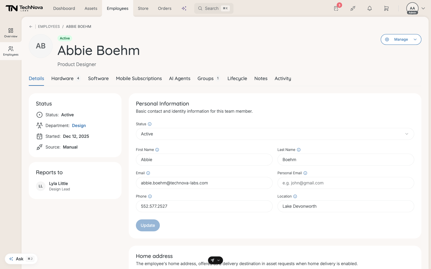 An employee detail page on the Details tab, with the Status and Reports to cards on the left and Personal Information on the right.