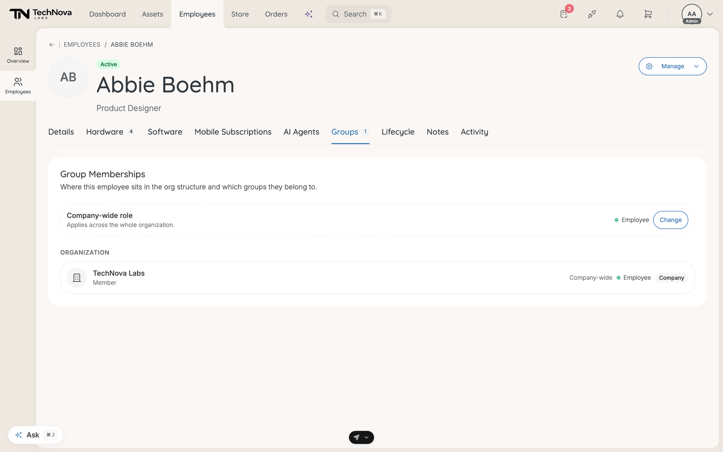 The Groups tab, showing the company-wide role above the Organization section.