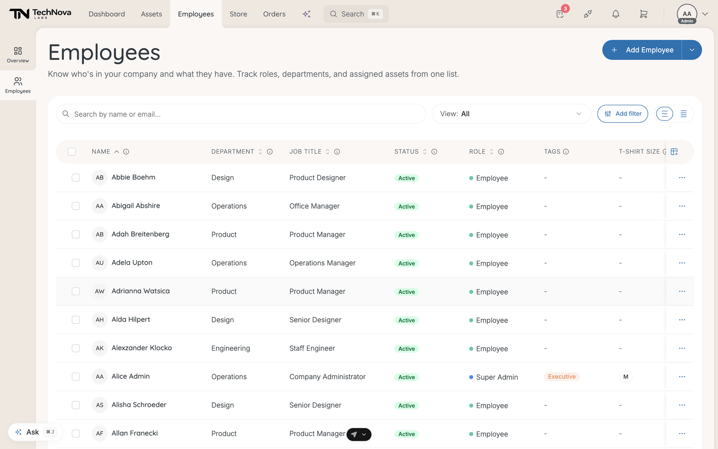 The Velory employee list, showing the search field, the View selector and the default columns.