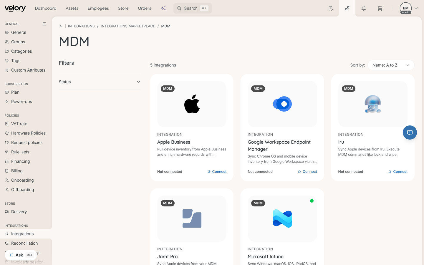 The MDM category in the integrations marketplace, showing the available device integrations