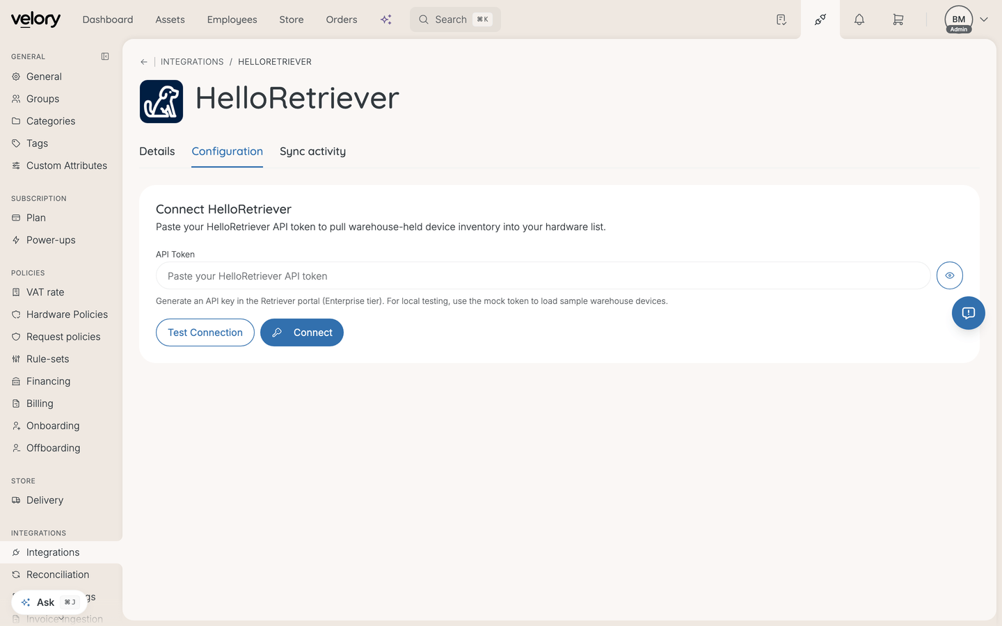 The HelloRetriever Configuration tab with an API Token field, plus Test Connection and Connect buttons