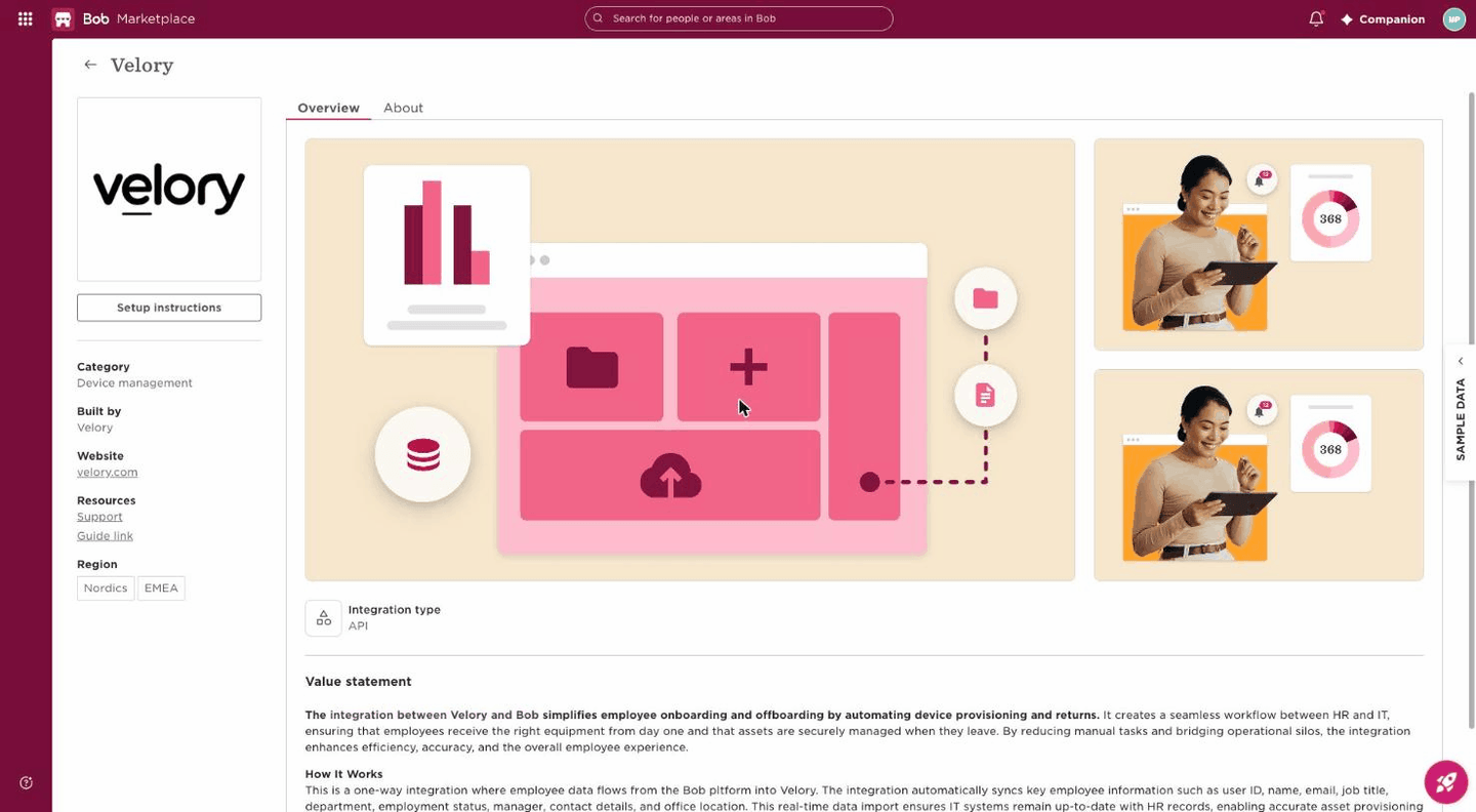 Velory's listing in the Bob Marketplace, showing the integration description, the category and region tags, and links to support and this guide