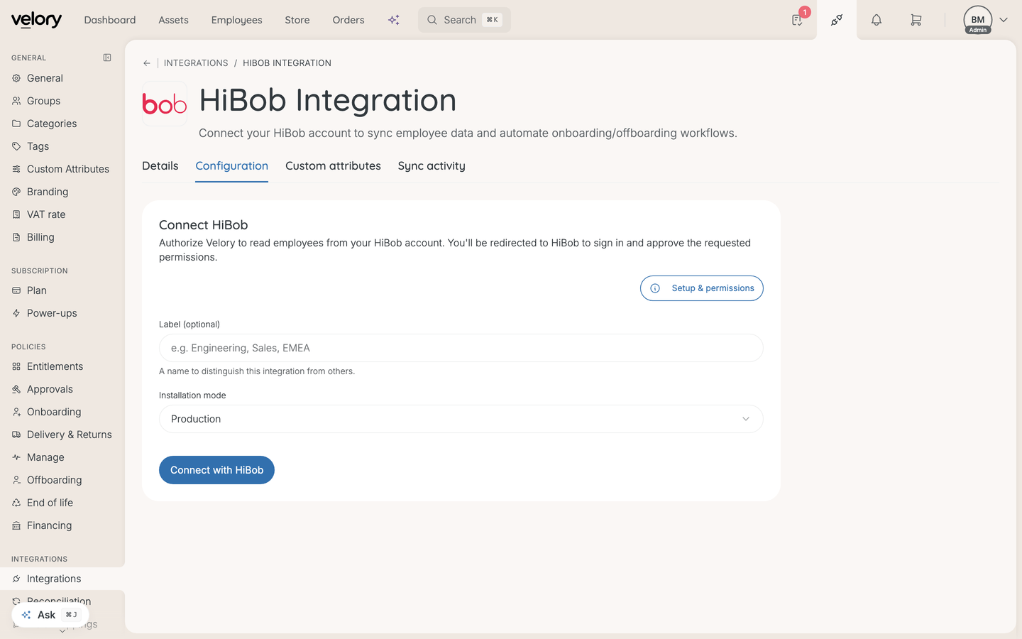 The HiBob integration page in Velory, open on its Configuration tab with the Connect with HiBob button