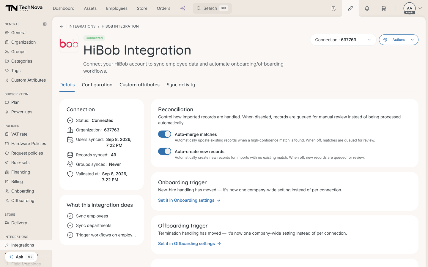 The HiBob Details tab, showing connection status, reconciliation toggles, lifecycle trigger links and field mappings