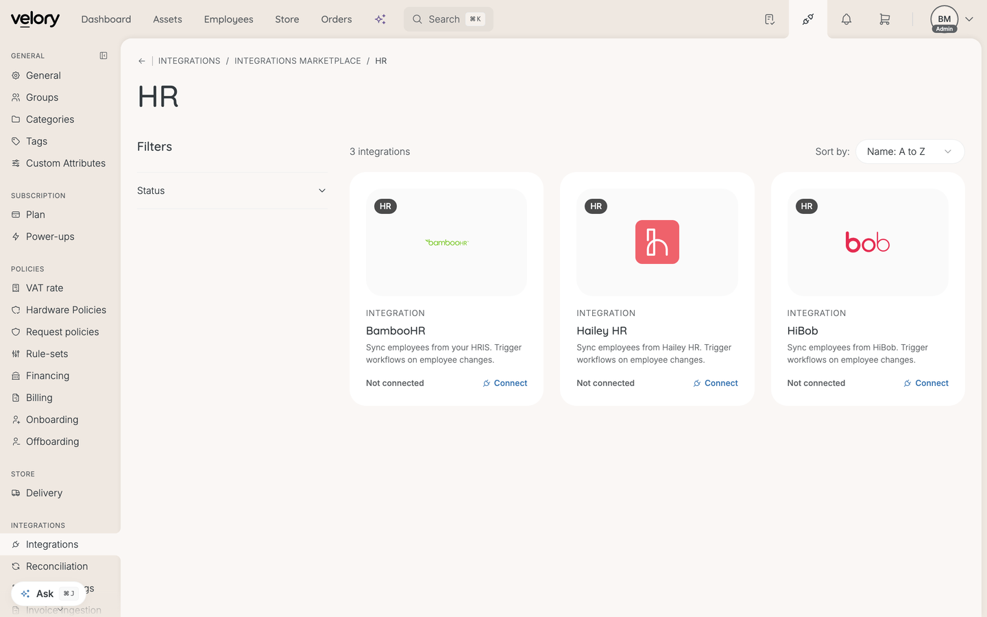 The HR category in the integrations marketplace, showing the BambooHR, Hailey HR and HiBob cards