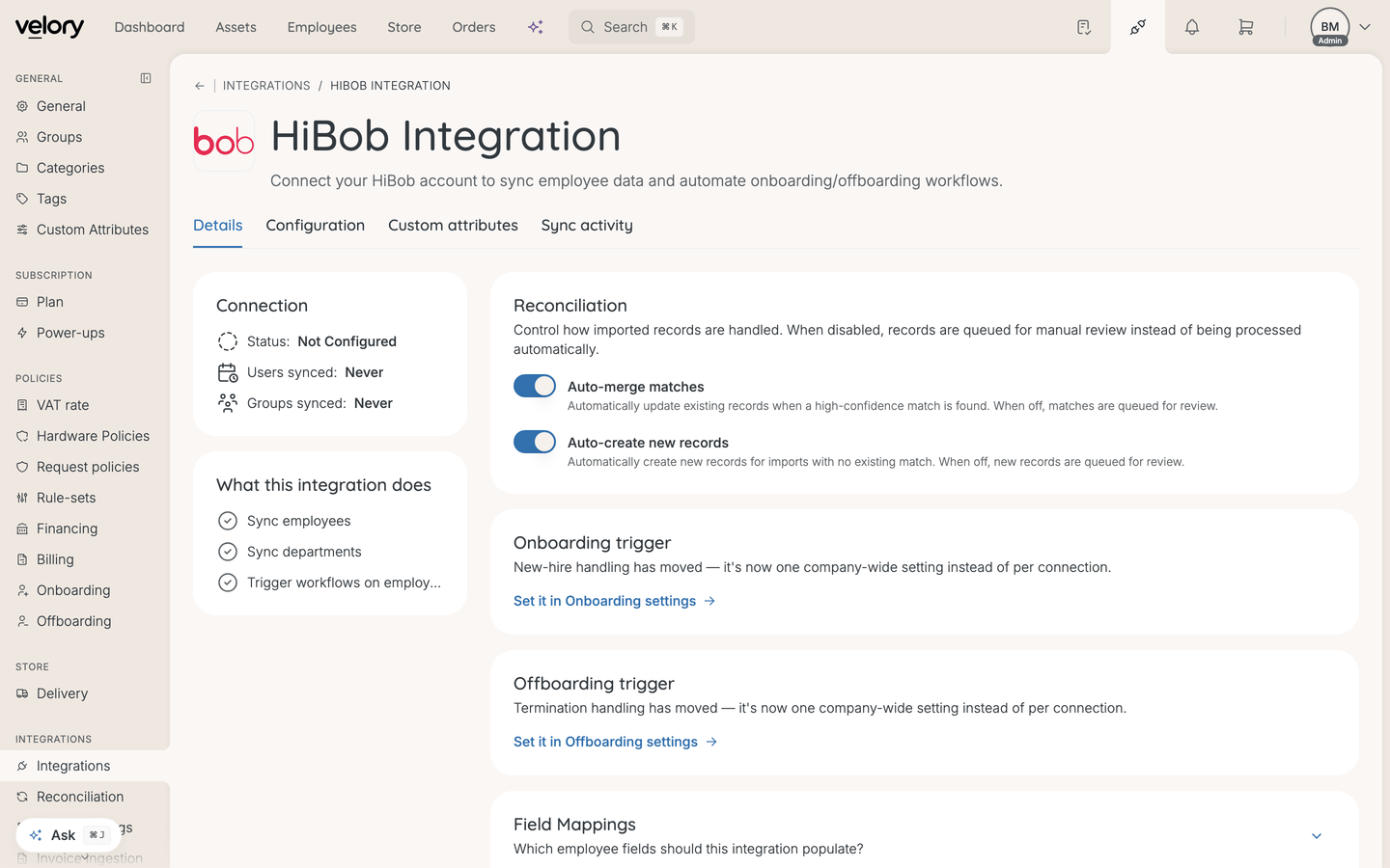 The HiBob integration page in Velory as it opens from Bob's Install button, on the Details tab with status Not Configured
