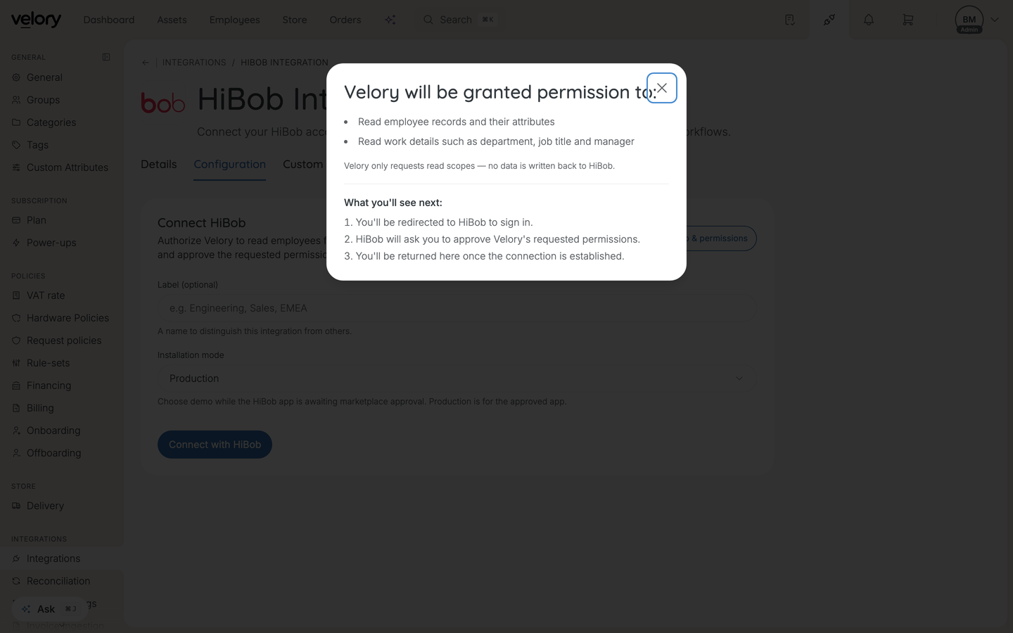 The Setup and permissions dialog listing the read permissions Velory requests and the three steps of the connect flow