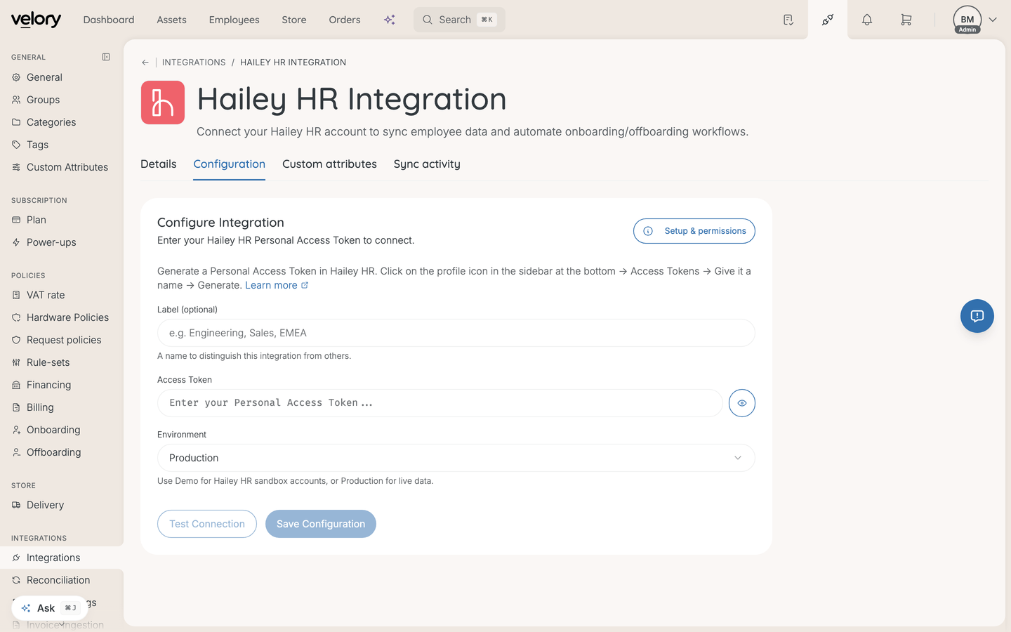 The Hailey HR integration page in Velory, open on its Configuration tab