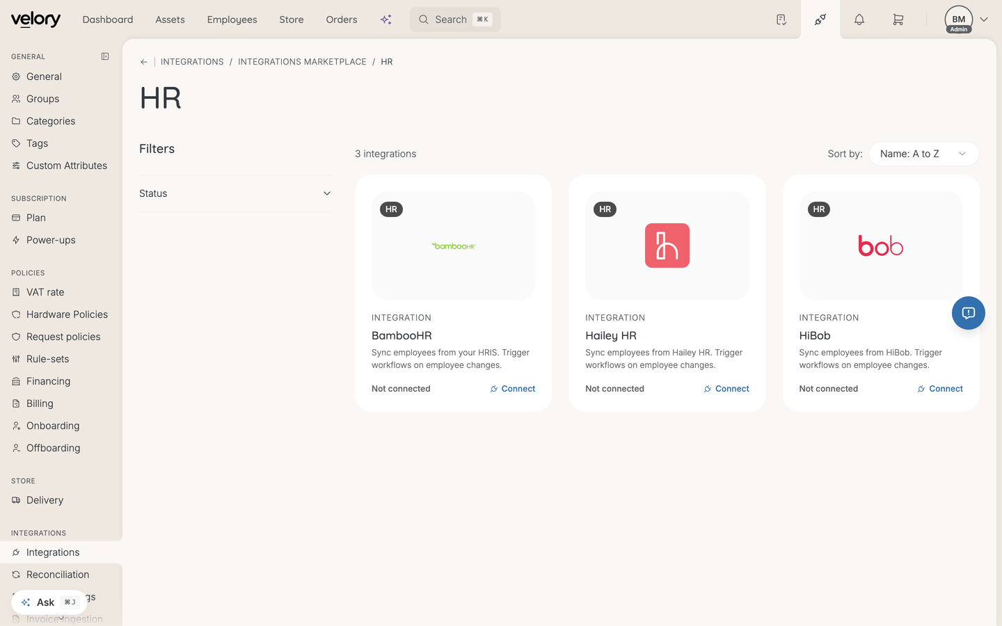 The HR category in the integrations marketplace, showing the BambooHR, Hailey HR and HiBob cards