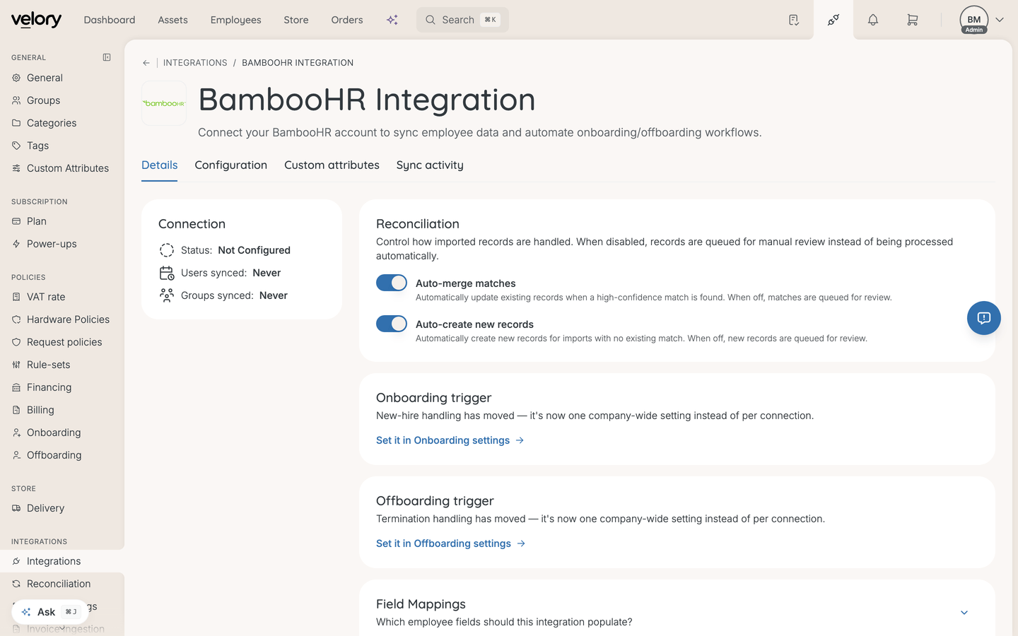 The BambooHR Details tab, showing connection status, reconciliation toggles for auto-merge and auto-create, and a Field Mappings section