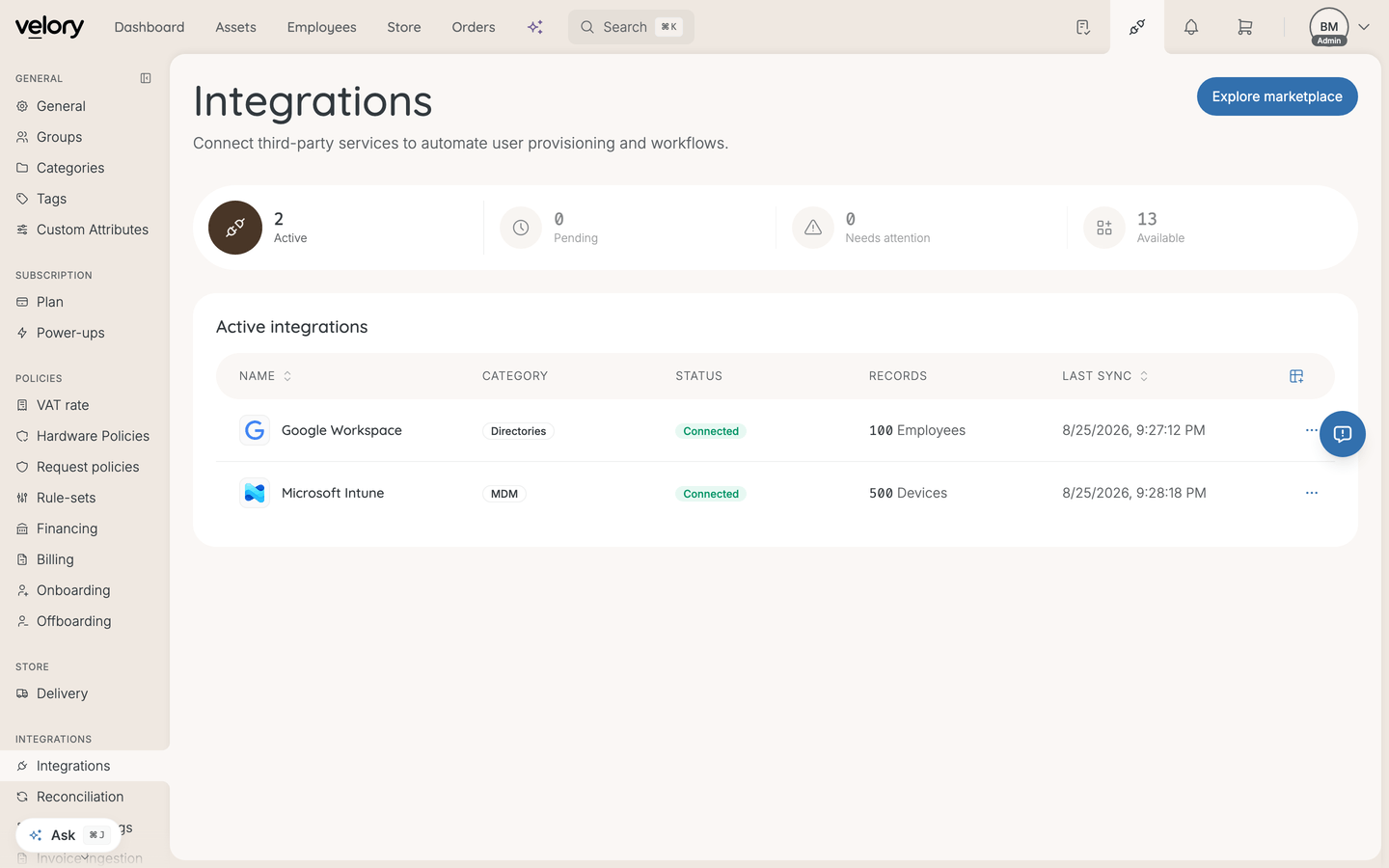The Integrations page in Velory, with counts for Active, Pending, Needs attention and Available, an Active integrations table, and an Explore marketplace button