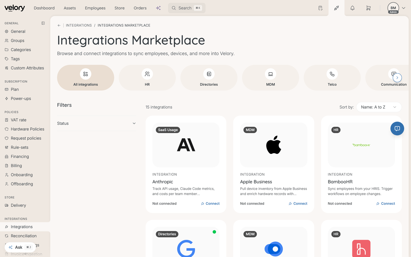The integrations marketplace, showing category pills and integration cards with Connect links