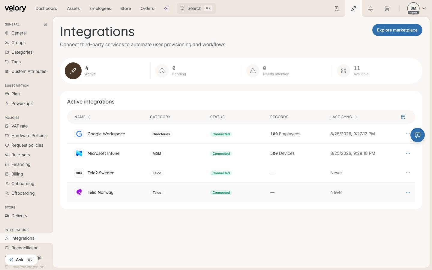 The Integrations page in Velory, listing what is currently connected under Active integrations