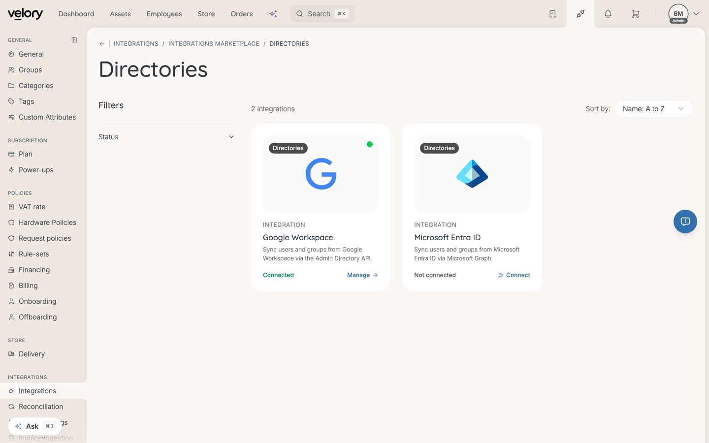 The Directories category in the integrations marketplace, showing Google Workspace and Microsoft Entra ID