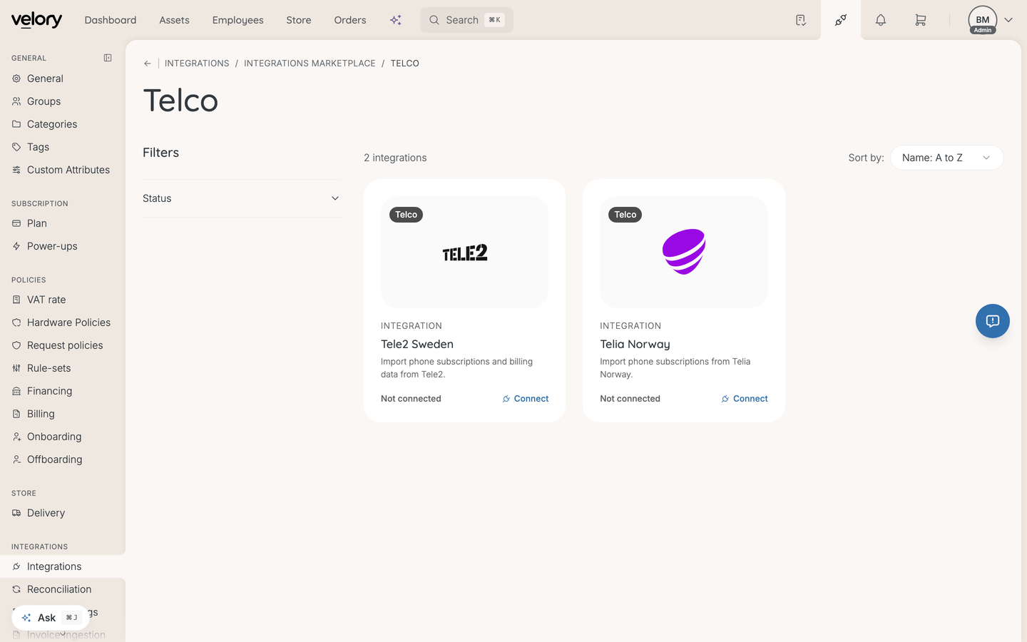The Telco category in the integrations marketplace, showing the Tele2 Sweden and Telia Norway cards side by side