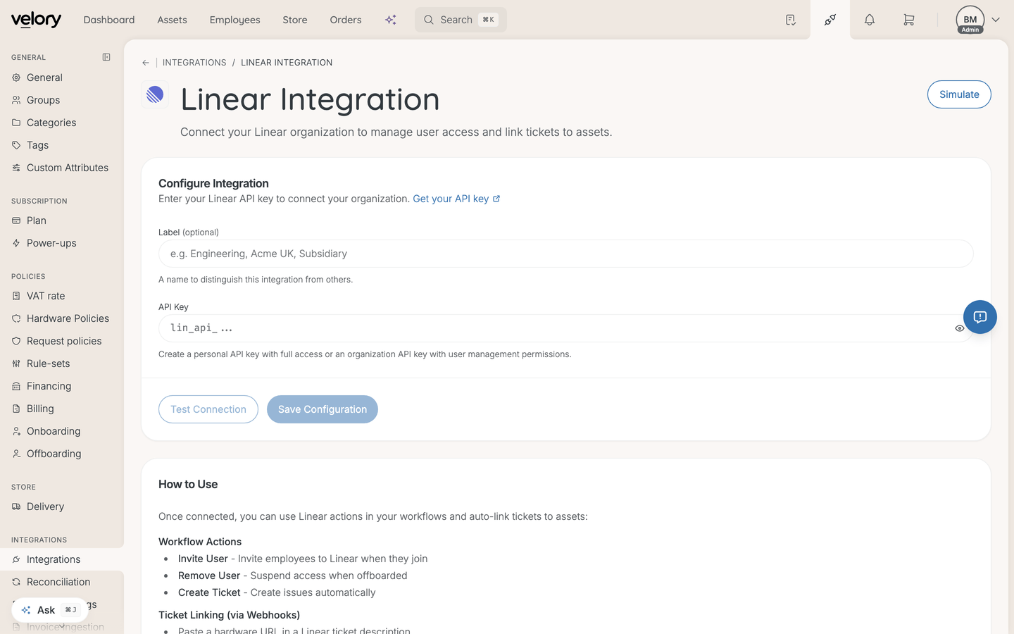 The Linear integration page in Velory with an API Key field and a Save button