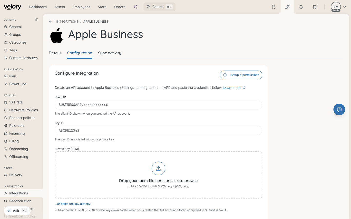 The Apple Business Configuration tab showing Client ID, Key ID, and a Private Key upload area