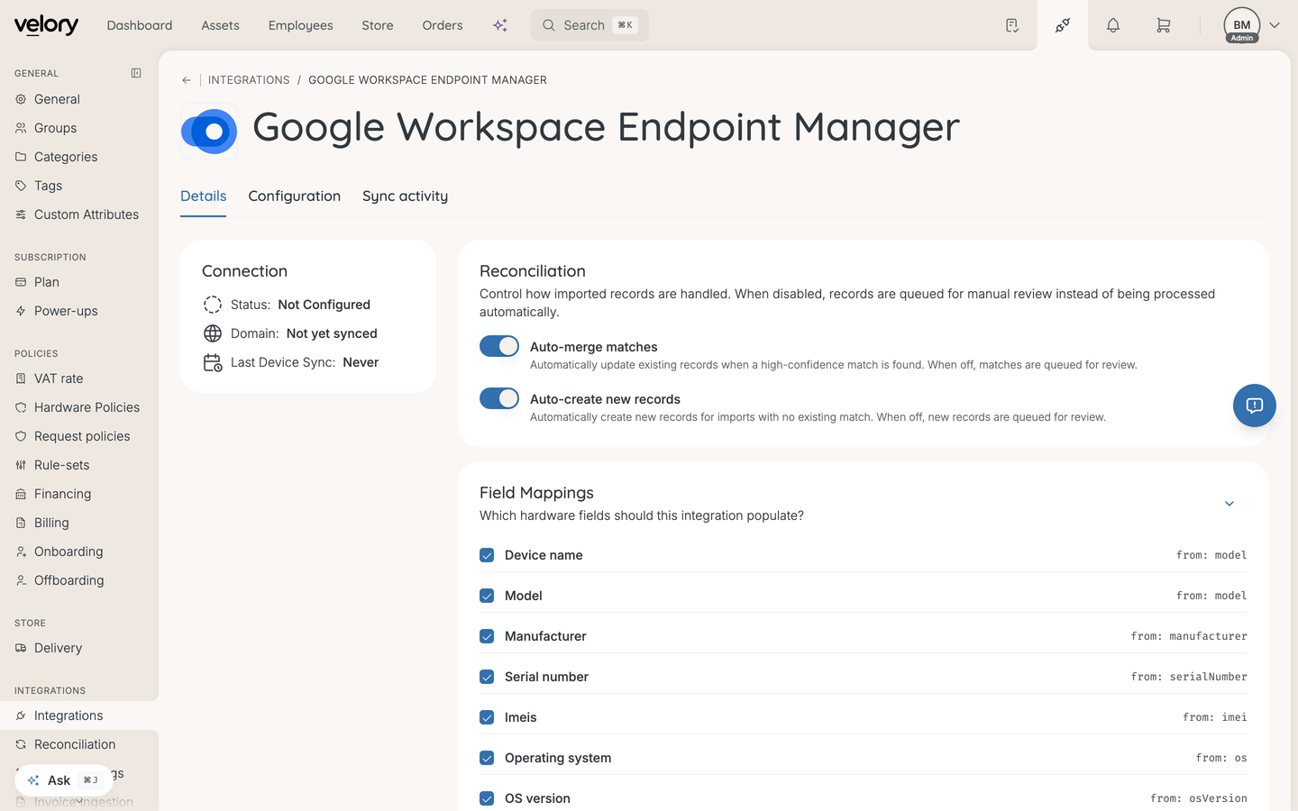 The Google Workspace Endpoint Manager Details tab, showing connection status, reconciliation settings and field mappings