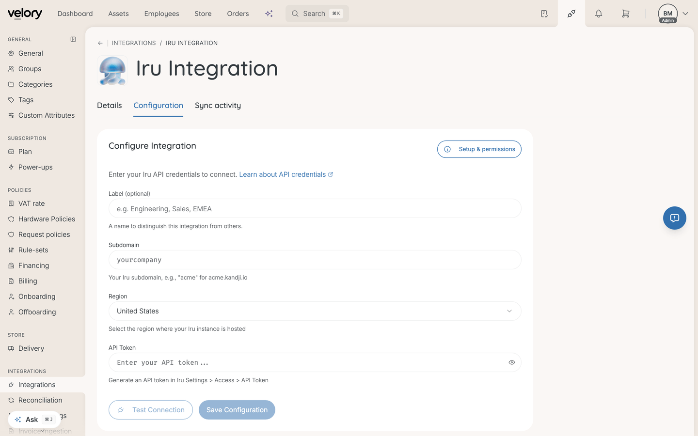 The Iru integration page in Velory, open on its Configuration tab with the credential fields