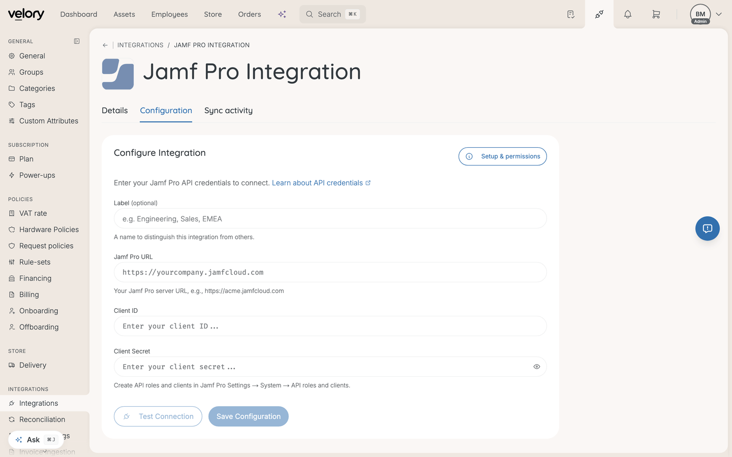 The Jamf Pro integration page in Velory, open on its Configuration tab with the credential fields