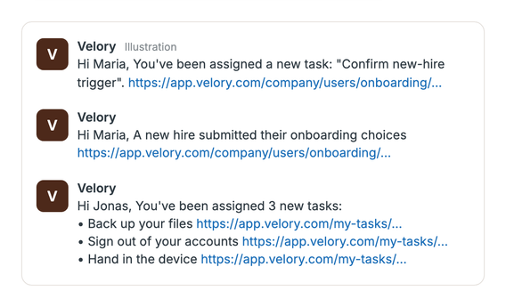 An illustration of three chat messages from Velory: a new task, a lifecycle update, and three new tasks listed with a link each