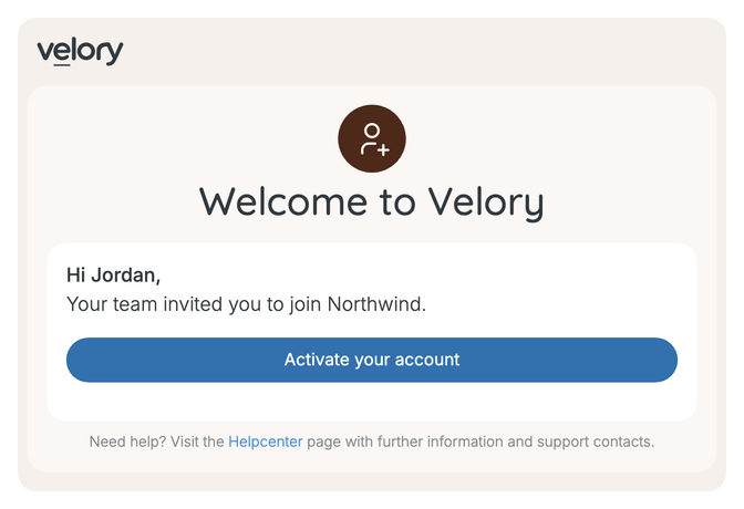 A Velory email headed Welcome to Velory, reading Hi Jordan, Your team invited you to join Northwind, with an Activate your account button