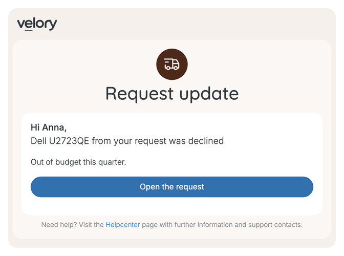 A Velory email headed Request update, reading Hi Anna, Dell U2723QE from your request was declined, then Out of budget this quarter, with an Open the request button