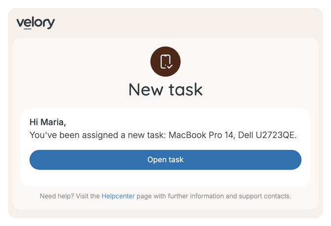 A Velory email headed New task, reading Hi Maria, You've been assigned a new task: MacBook Pro 14, Dell U2723QE, with an Open task button