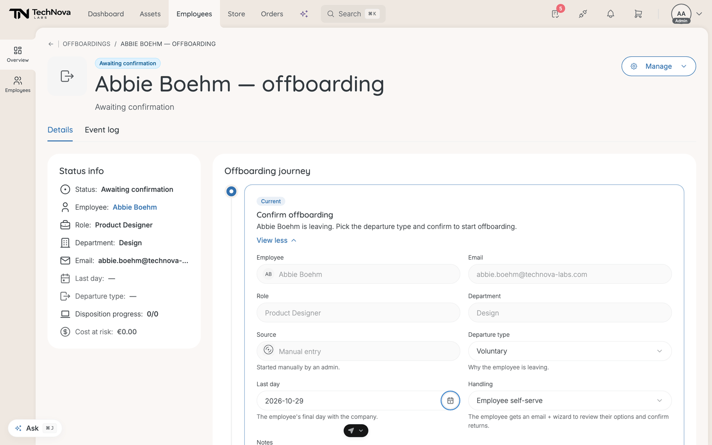 The Confirm offboarding step, with the departure type, last day and handling fields.