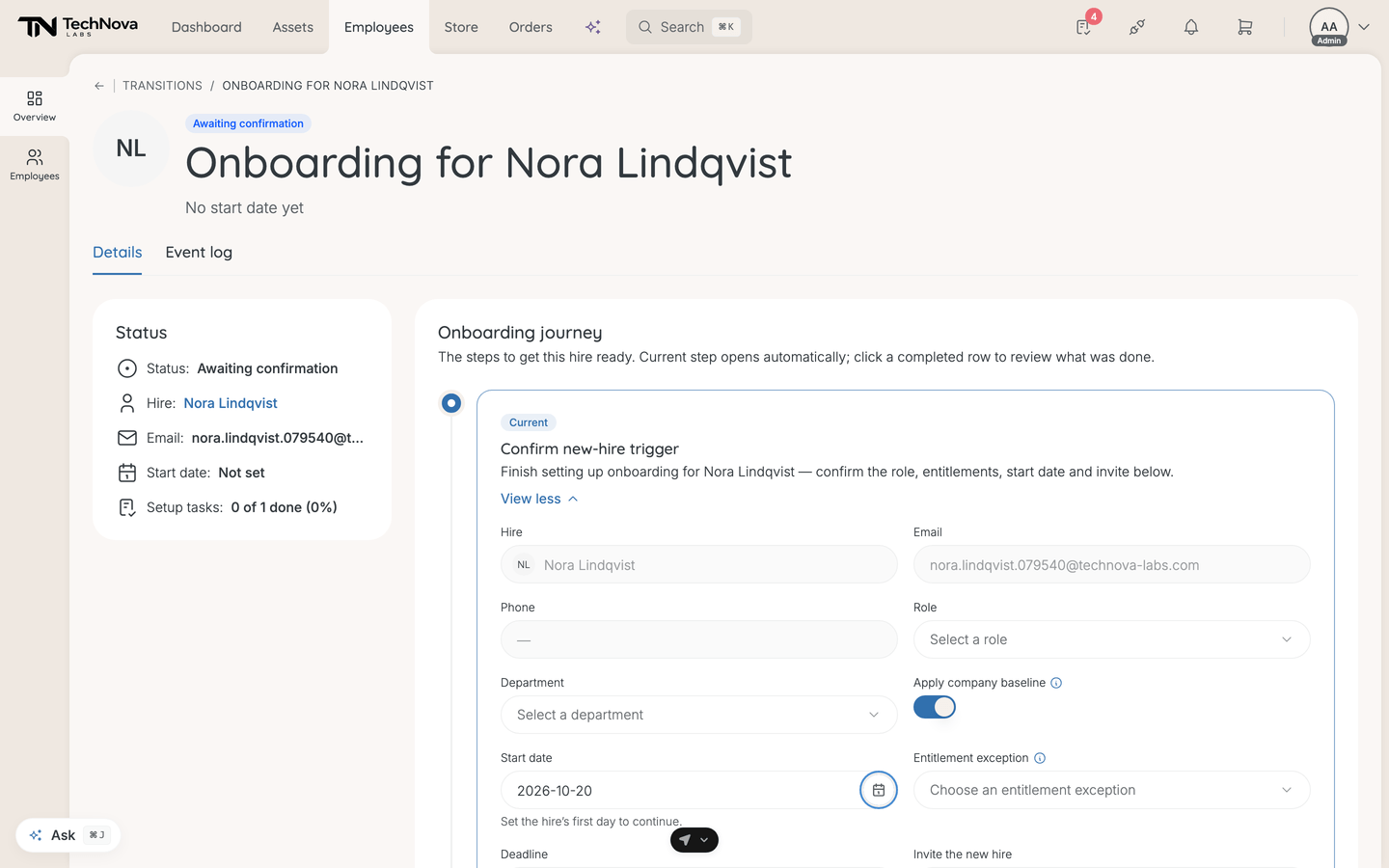 The Confirm new-hire trigger step, with the hire's details read-only and the role, entitlement and start date editable.