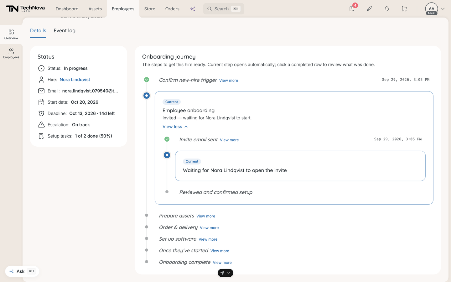 An onboarding journey with the trigger confirmed and the Employee onboarding step open, waiting for the hire to start.