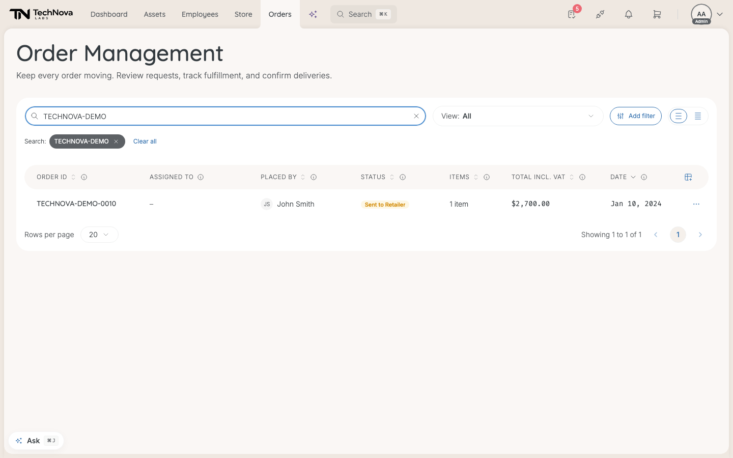 Order Management, with order ID, placed by, status, items, total and date per order.