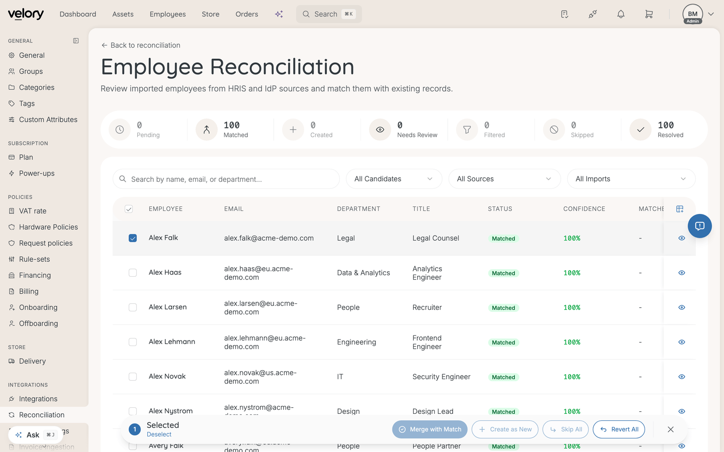 The Employee Reconciliation table with one candidate selected, showing an action bar with Merge with Match, Create as New, Skip All and Revert All