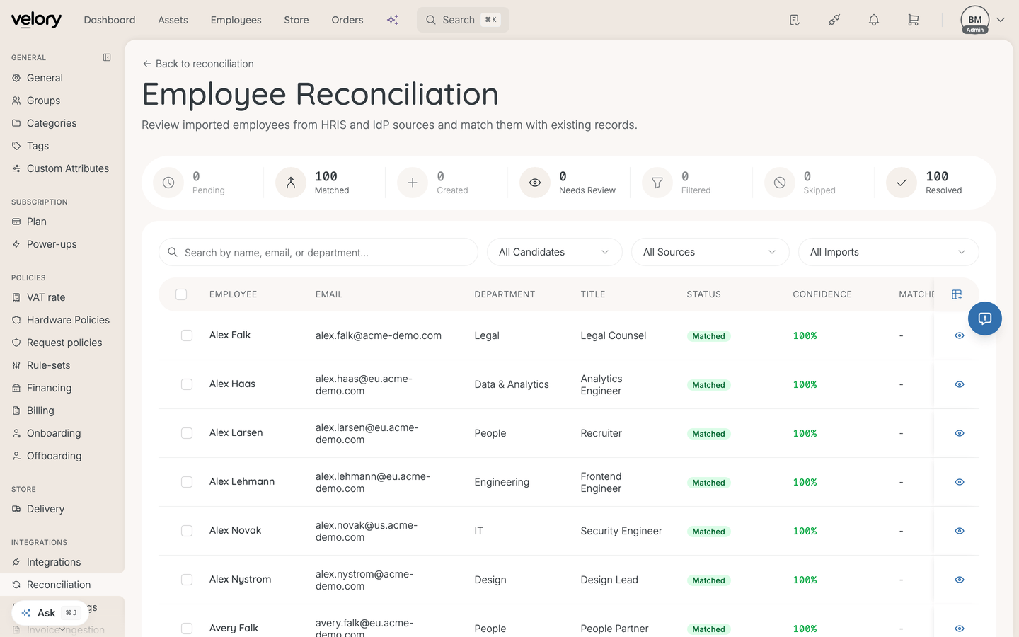 The Employee Reconciliation page, with counters for pending, matched, created, needs review, filtered, skipped and resolved candidates above a table of imported employees