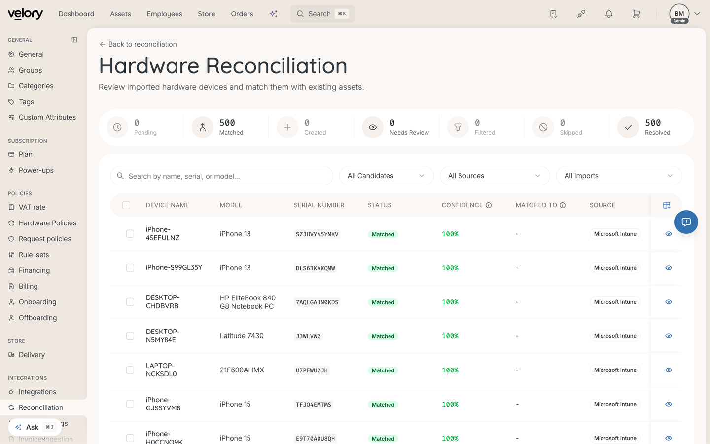 The Hardware Reconciliation page, with candidate counters above a table of imported devices
