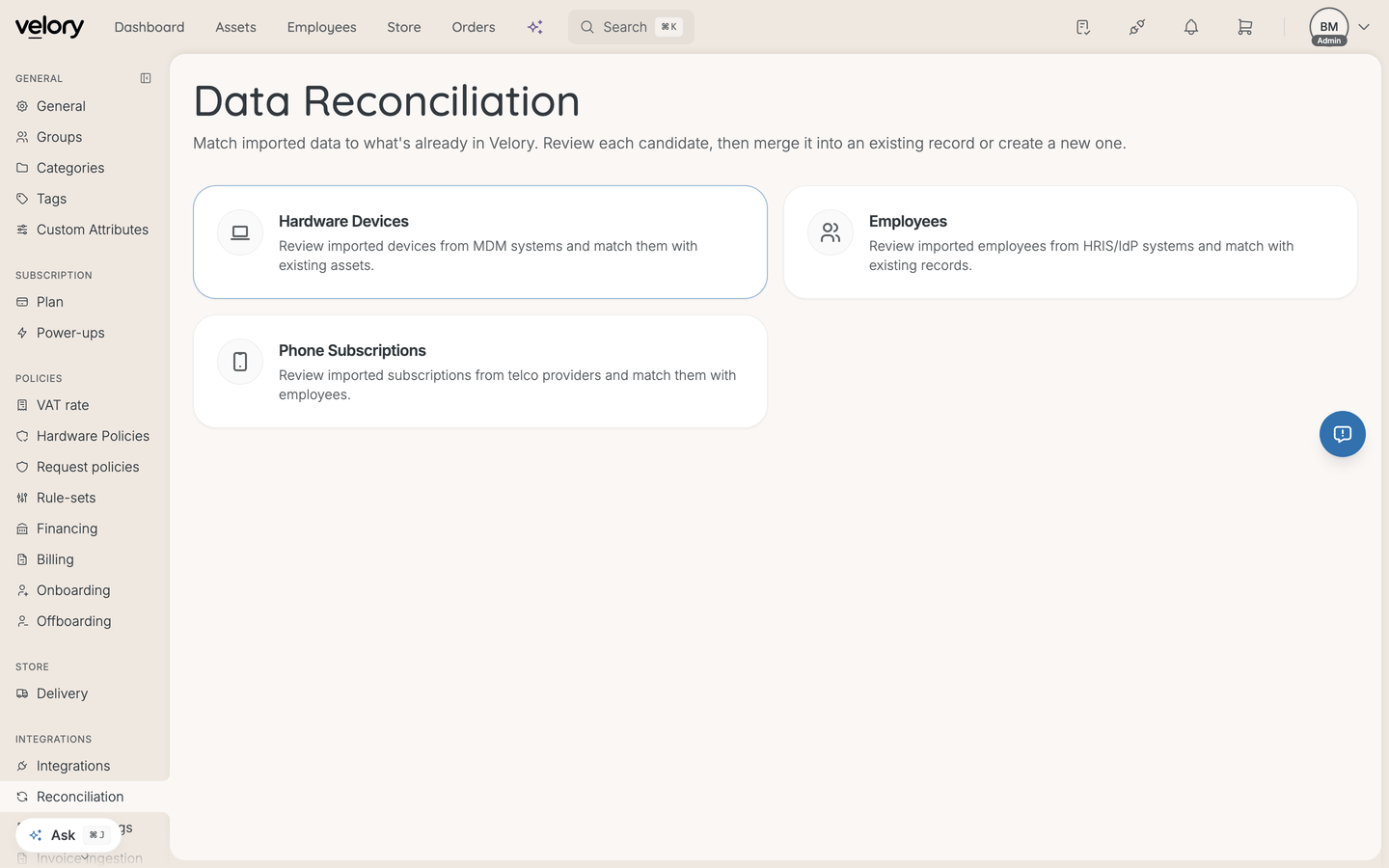 The Data Reconciliation page with cards for Hardware Devices, Employees and Phone Subscriptions