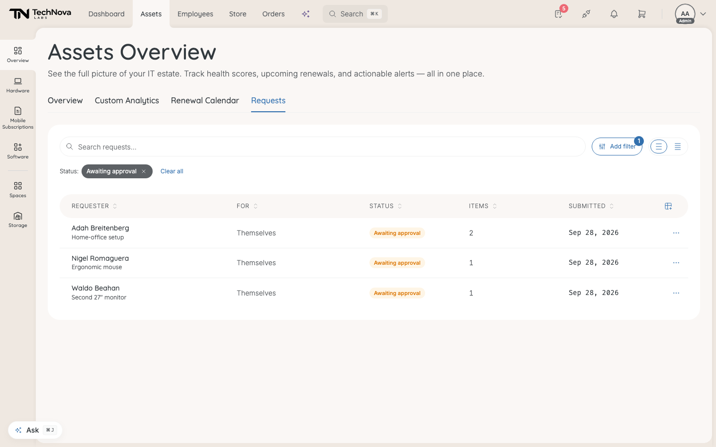 The Requests tab, filtered to requests awaiting approval.