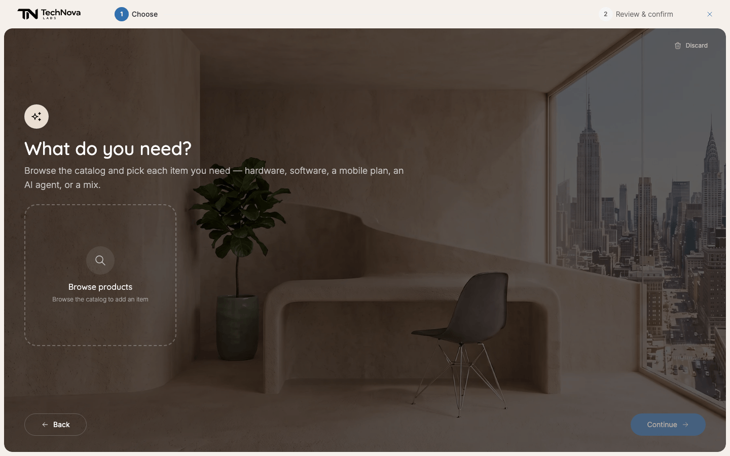 The first step of a new request: What do you need?, with a Browse products card.