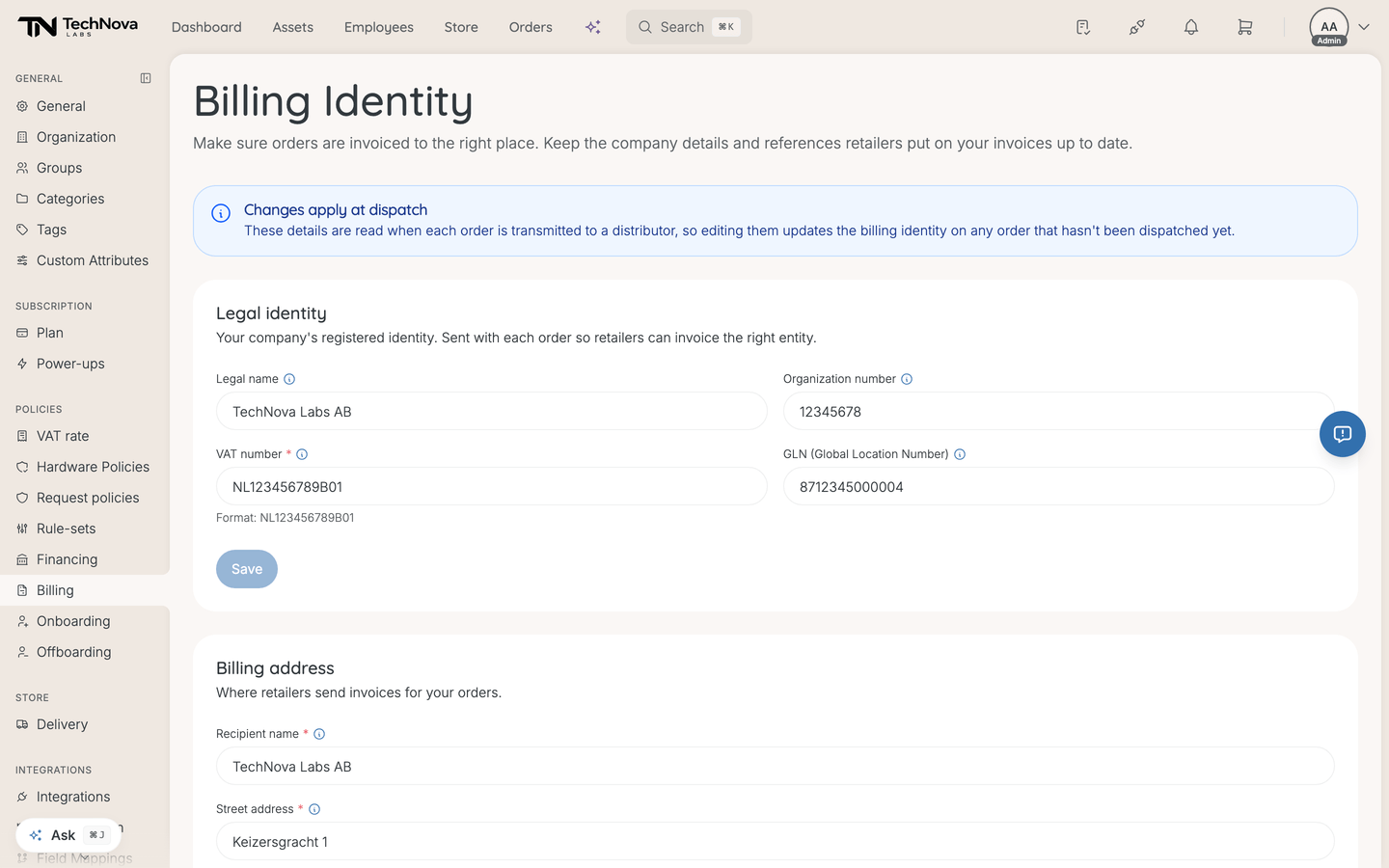 The Billing Identity page showing the legal identity fields and the billing address