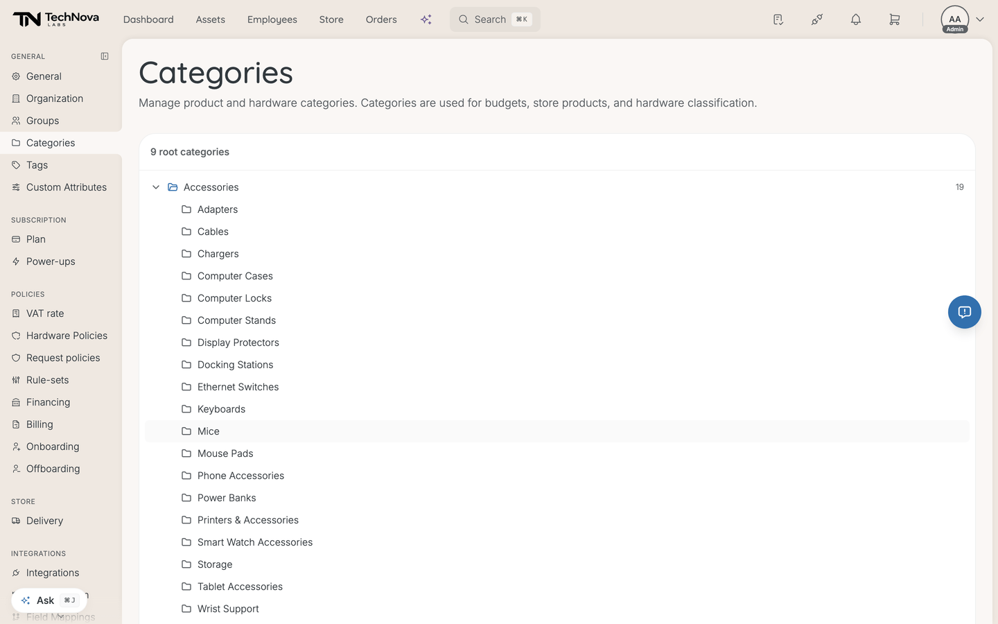 The Categories page showing the product and hardware category hierarchy