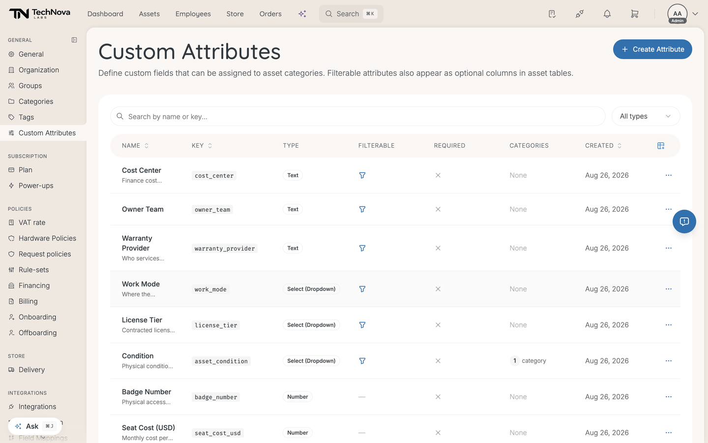 The Custom Attributes list showing name, key, type, filterable and categories columns