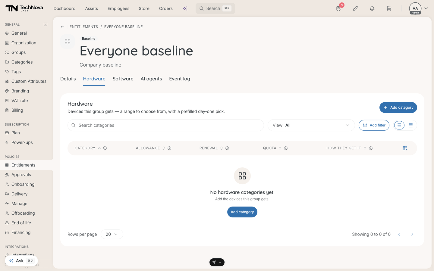 The Hardware tab of the company baseline, with no categories added yet.